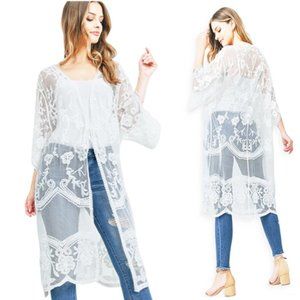 70S BOHO Coachella Bell Sleeve Embroidered Lace Kimono Duster Cardigan Top 5733